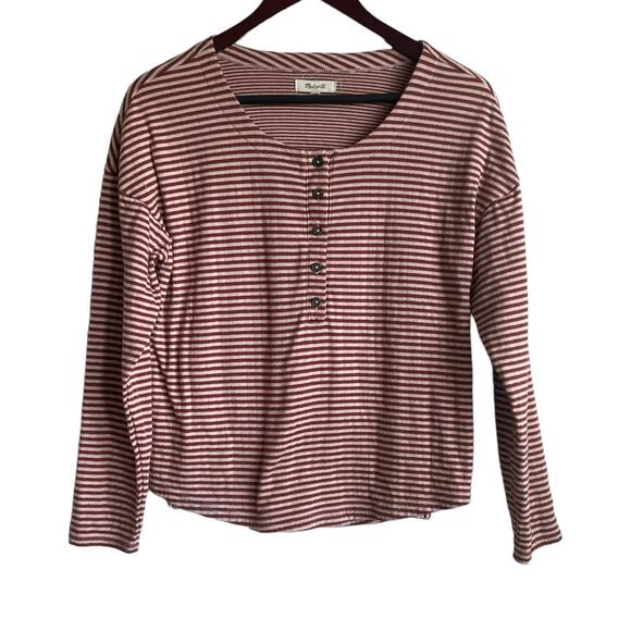Madewell Women Top S Red Tan Striped 1/4 Button Popover Soft Rustic Western - Picture 1 of 11